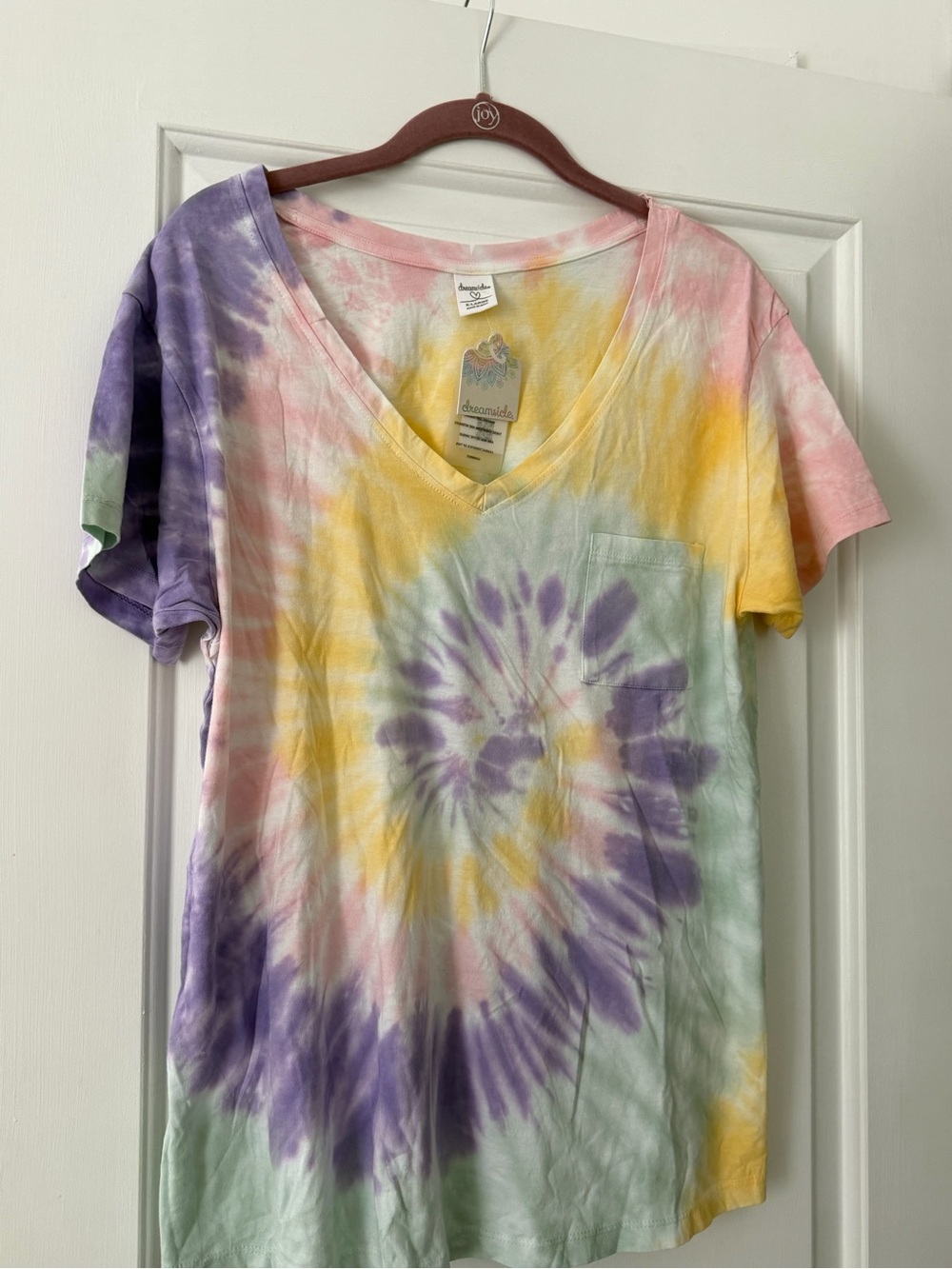 2/$13 Dreamsicle Pastel Tie-Dye V-Neck Pocket Tee in Purple, Yellow, Pink, Green